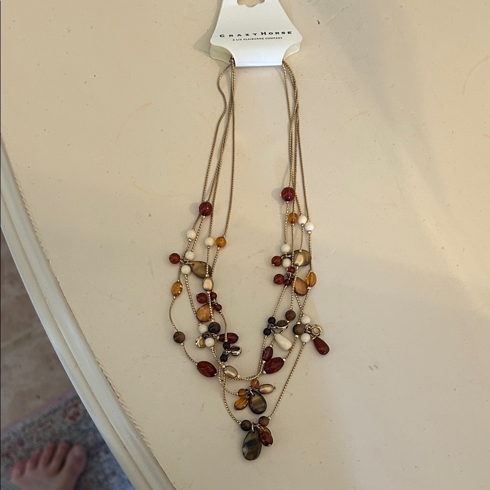 NWT Liz Claiborne Crazy Horse Elegant Beaded Necklace - Amber,Brown, Cream, gold